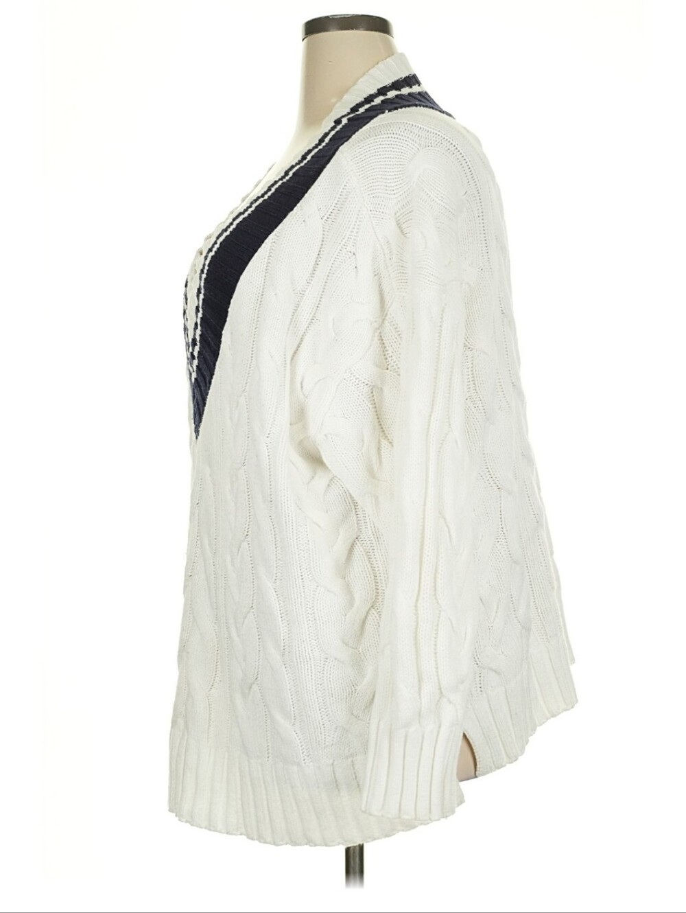 Lane Bryant Cream V-Neck Cable Knit Sweater with Navy Trim - Picture 3 of 6